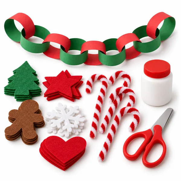 A paper chain garland, felt shapes, pipe cleaner candy canes, glue and safety scissors