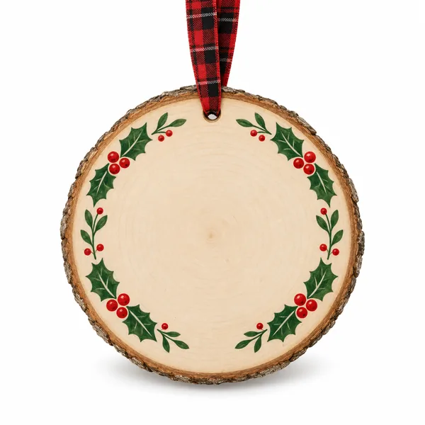 A round wood slice ornament with painted holly and a blank center for names