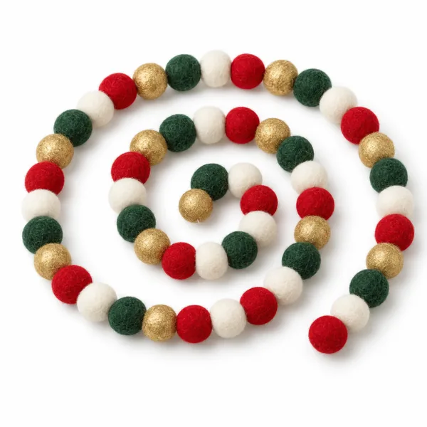A spiral of red, white, green and gold felt ball garland