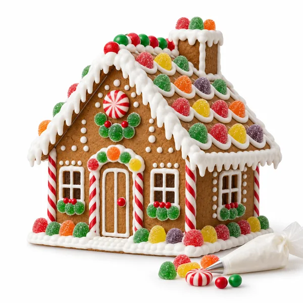 A decorated gingerbread house with icing snow, gumdrops and candy cane trim