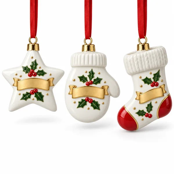 White ceramic star, mitten and stocking ornaments with blank gold name banners