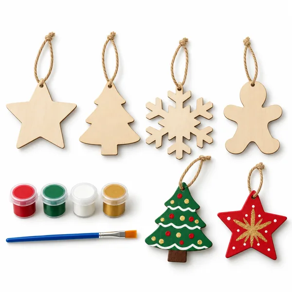 Unpainted wooden star, tree, snowflake and gingerbread ornaments with paint pots and a brush