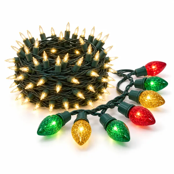 A glowing coil of warm white string lights and a strand of red, green and gold bulbs