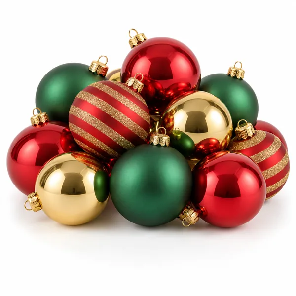 A pile of shatterproof ornaments in red, green and gold