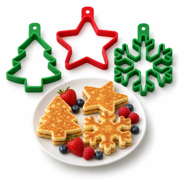 Red and green silicone pancake molds with tree and star pancakes and berries
