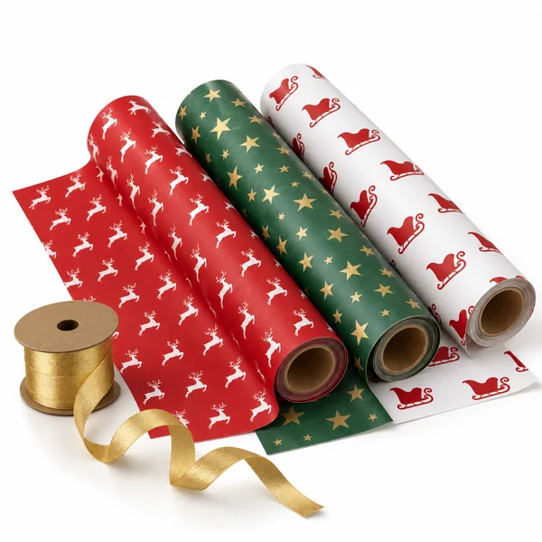 Three rolls of Christmas wrapping paper with reindeer, stars and sleighs, and gold ribbon