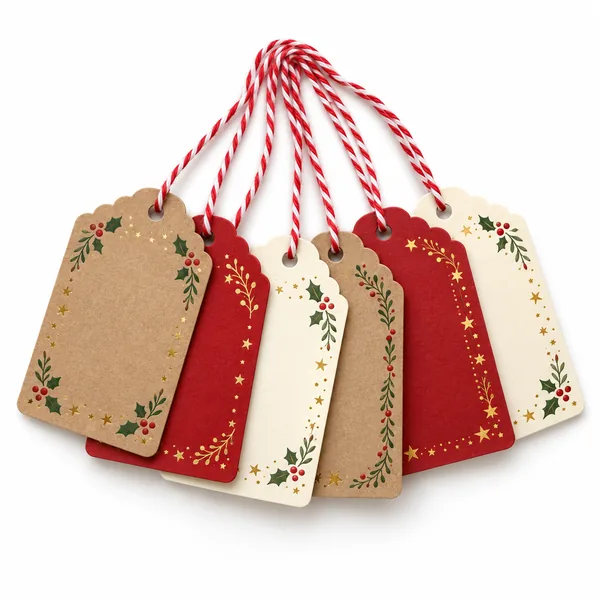 A fan of blank Christmas gift tags in kraft, red and cream with twine loops