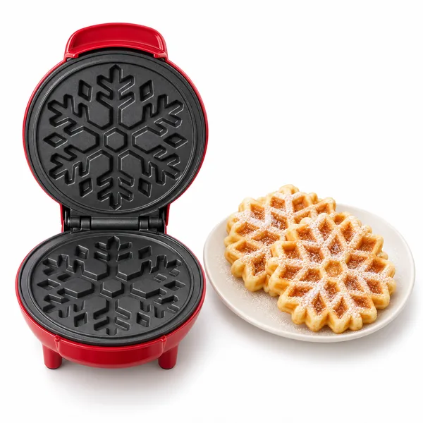 A small red waffle maker with a snowflake plate and two sugared snowflake waffles