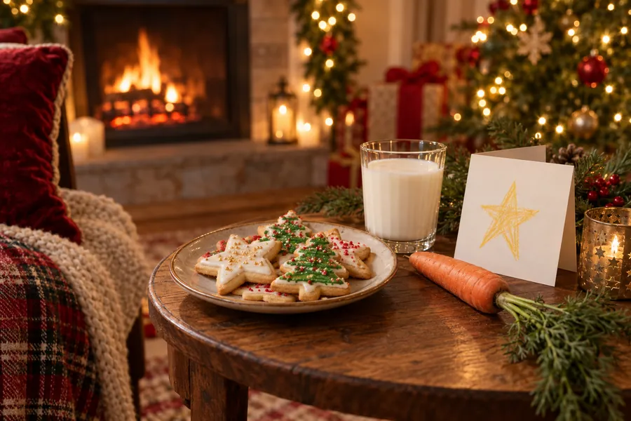 A plate of star and tree cookies, a glass of milk, a carrot and a child's drawing of a star left out for Santa