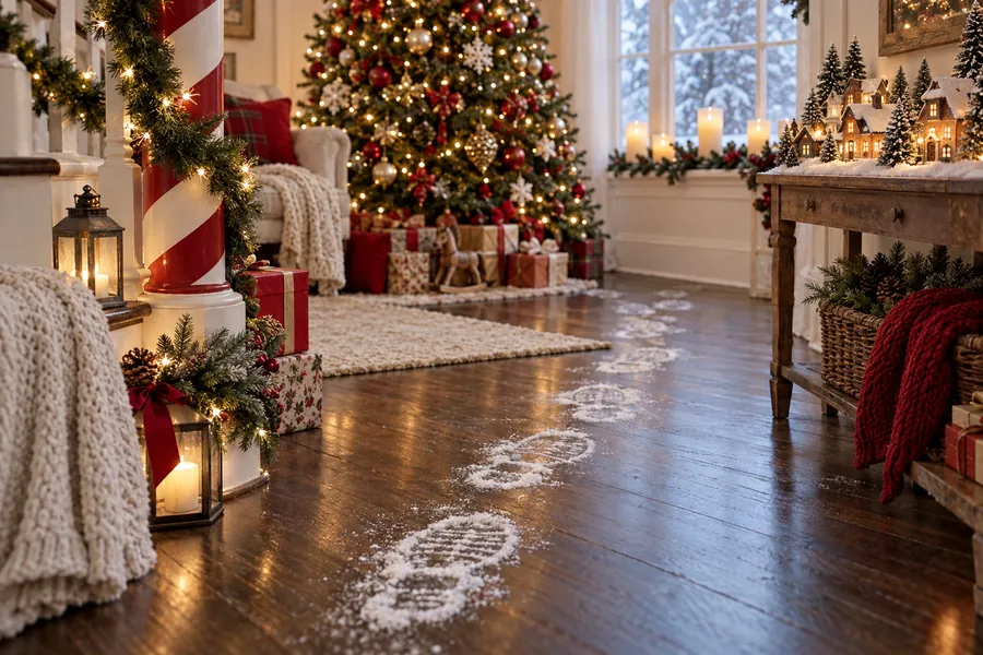 Snowy boot prints on a wooden floor leading to a decorated Christmas tree, with a candy striped pole and glowing candles