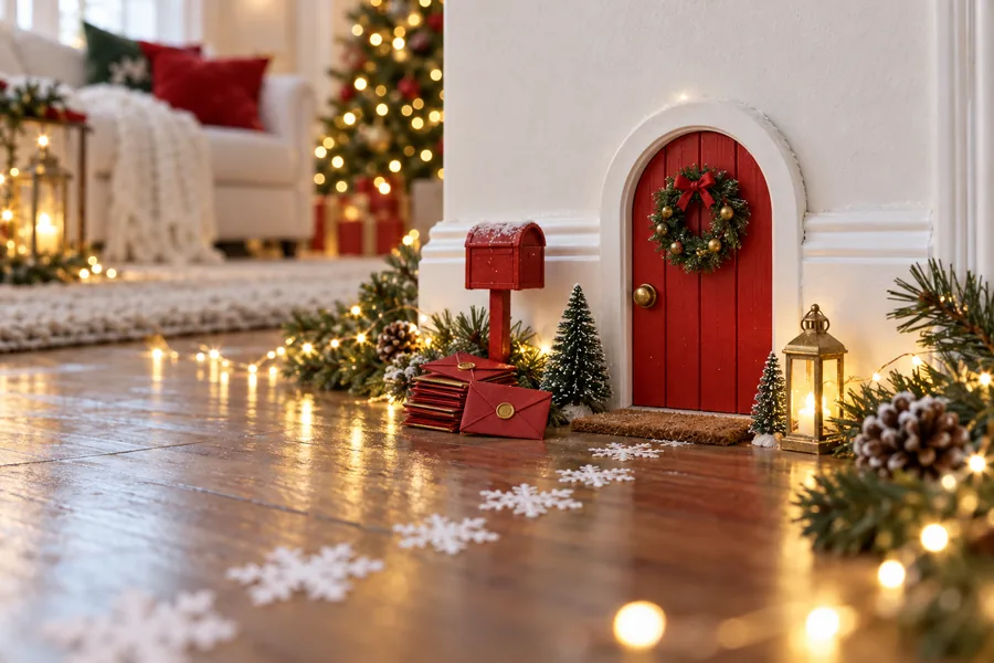 A tiny red elf door with a wreath at the bottom of a white wall, a tiny mailbox and red envelopes sealed with gold wax