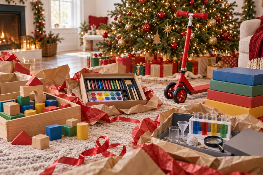 Unwrapped building blocks, an art kit, a red scooter, board games and a science kit under a lit Christmas tree