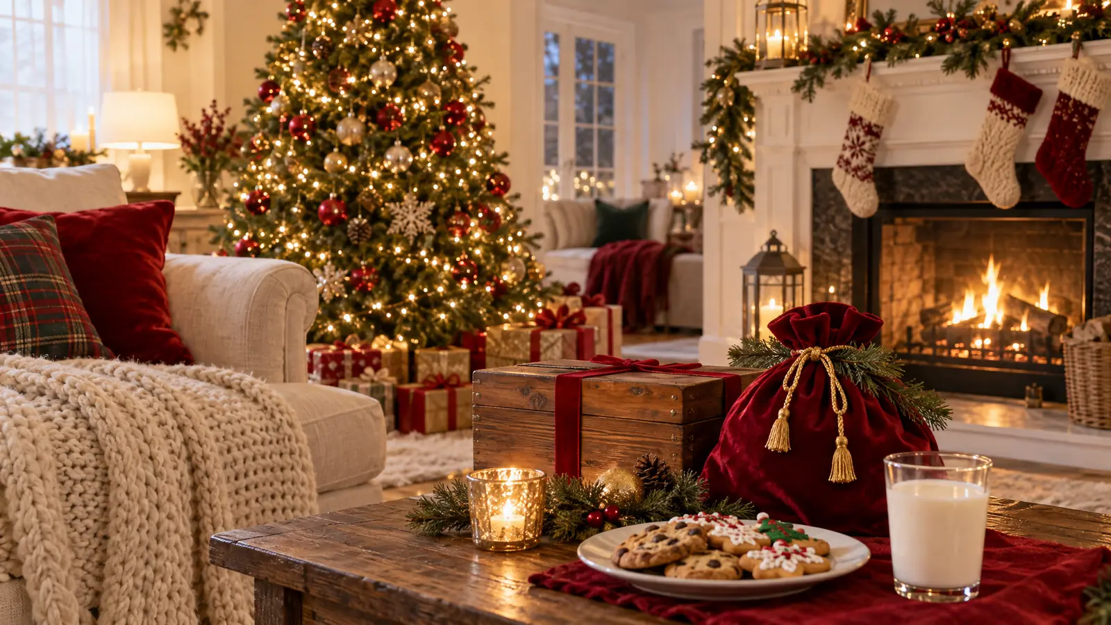 A cozy living room on Christmas Eve with a lit tree, a wooden Christmas Eve box, a red velvet Santa sack, cookies and milk, and stockings by the fire