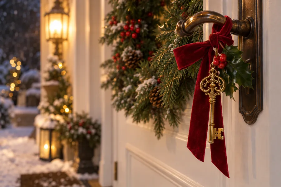 A gold magic Santa key tied with a red velvet ribbon and holly, hanging on a white front door handle