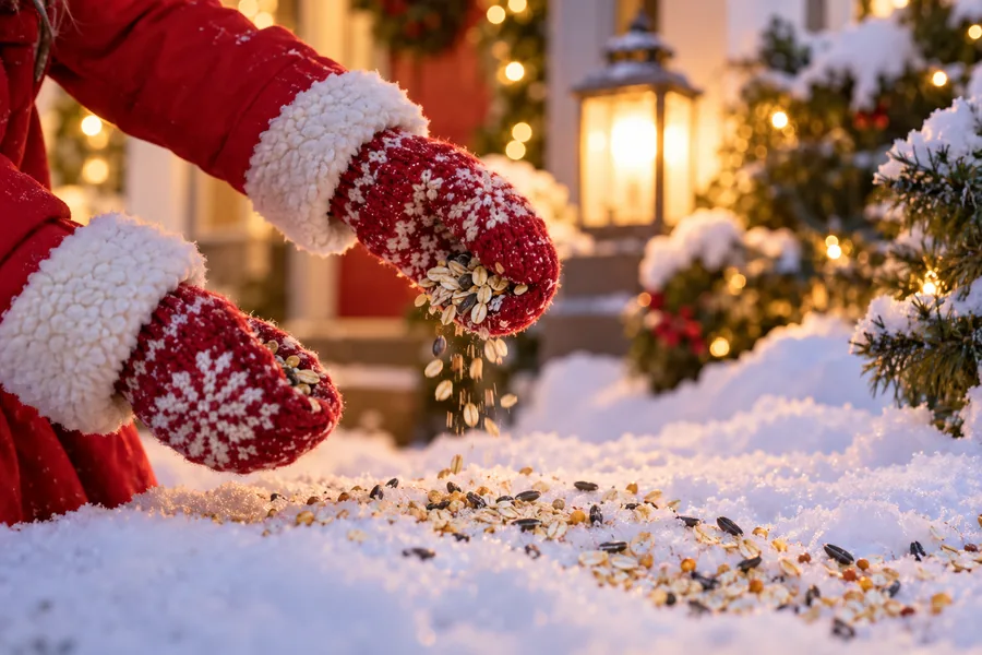 A child's mittened hands sprinkling oats and birdseed reindeer food onto the snow at dusk