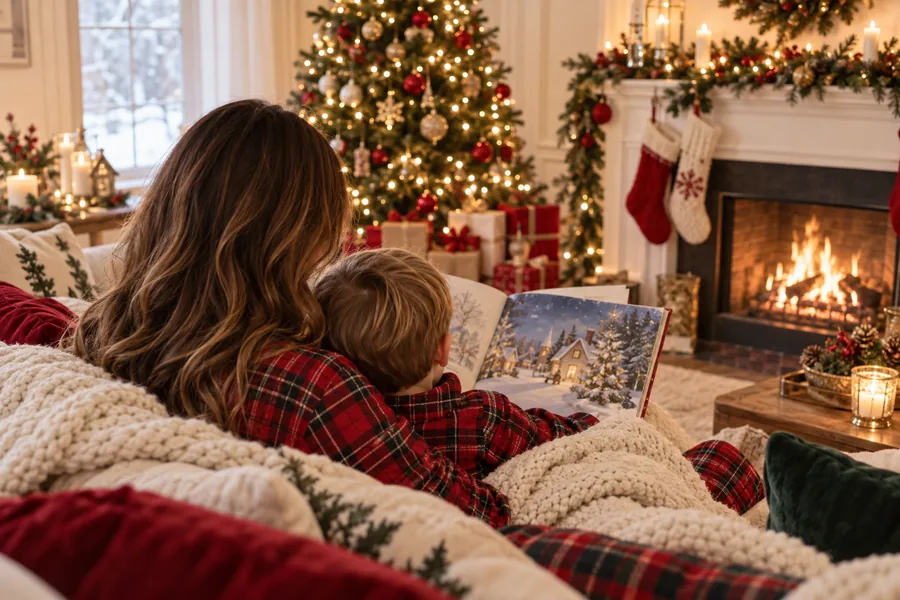 A parent and a child in plaid pajamas, seen from behind, reading a picture book by the fire