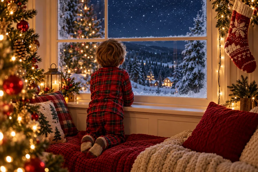 A small child in plaid pajamas, seen from behind, kneeling at a frosty window and looking at a starry night sky