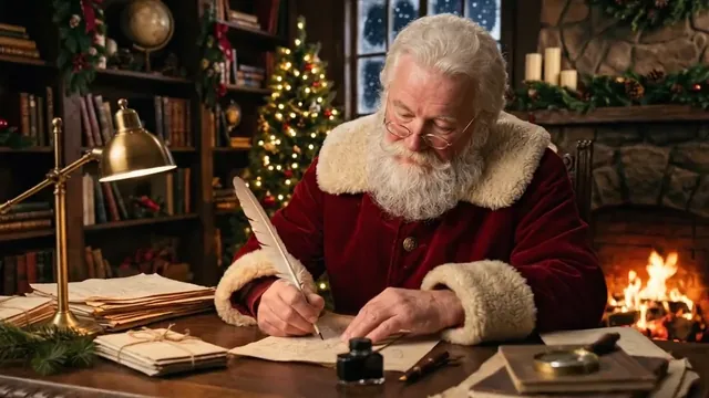 Santa writing a letter at his desk by the fire, an illustration
