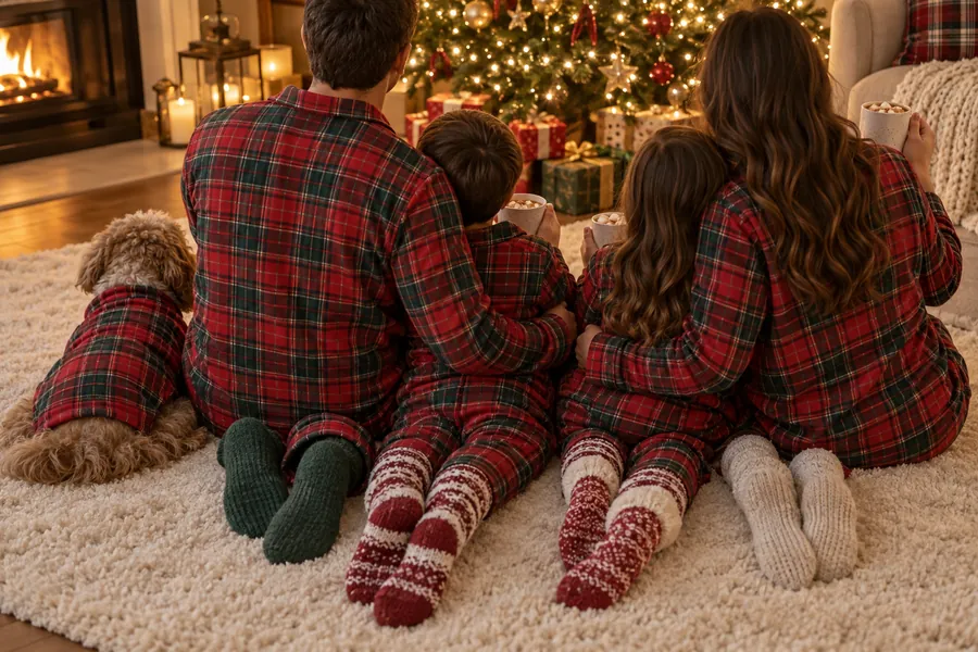 A family in matching plaid Christmas pajamas, seen from behind, sitting by the tree with their dog in matching pajamas