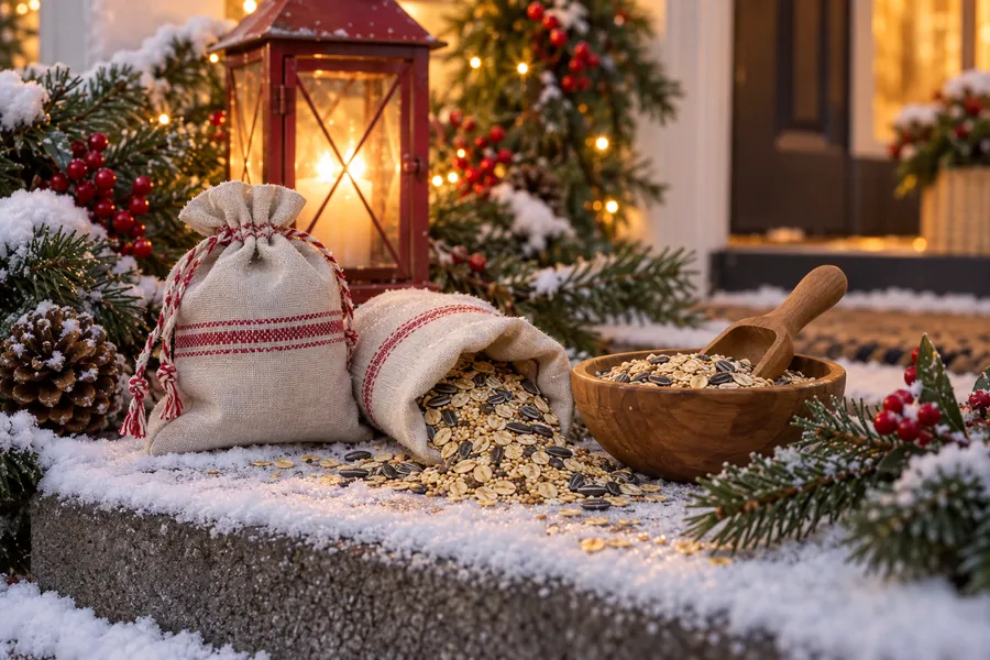 Linen bags and a wooden bowl of oats and birdseed reindeer food on a snowy porch step by a lantern