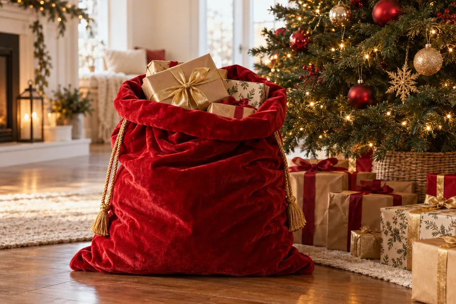 A red velvet Santa sack full of wrapped presents beside the Christmas tree