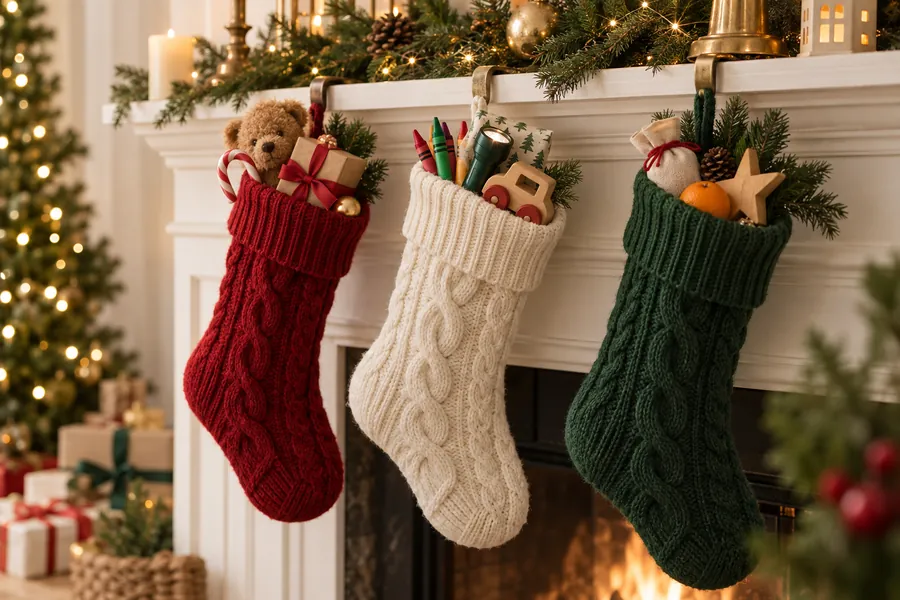 Red, cream and green knit stockings filled with small treats hanging from a white mantel