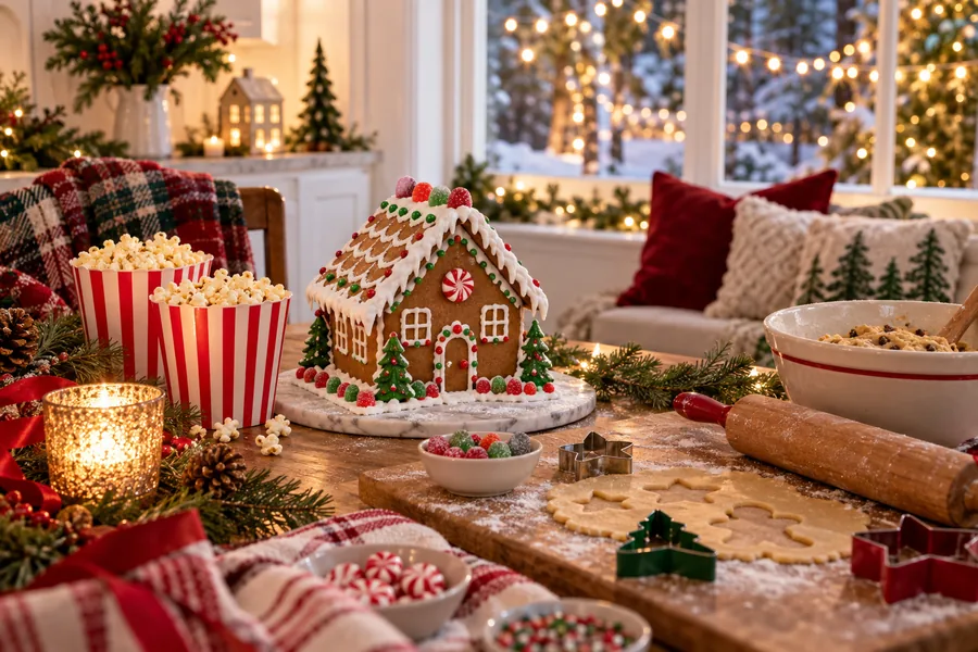 A gingerbread house, striped popcorn buckets, a plaid blanket and cookie dough by a window with string lights