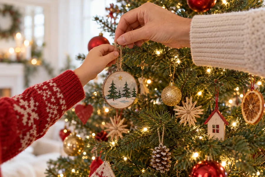 An adult's hand and a child's hand hanging a wooden ornament on a lit Christmas tree