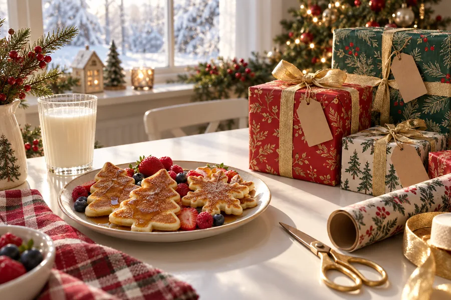 Christmas morning pancakes shaped like trees and snowflakes beside wrapped presents with blank kraft tags