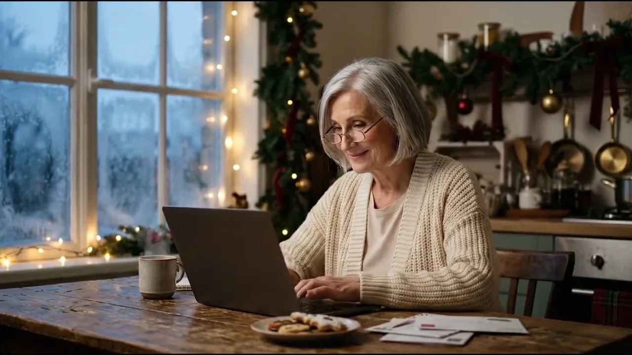 A grandmother smiling as she sends Santa's gift from her laptop
