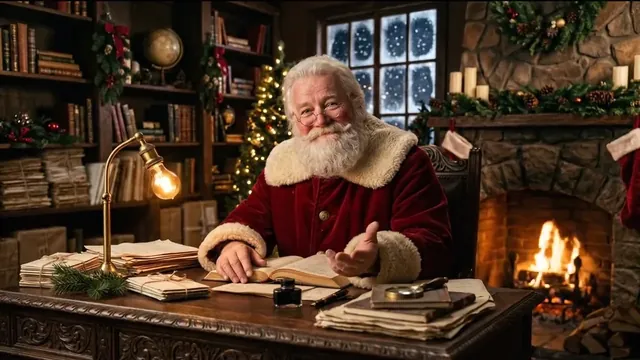 Santa at his desk by the fire, talking to the camera, an AI-generated illustration
