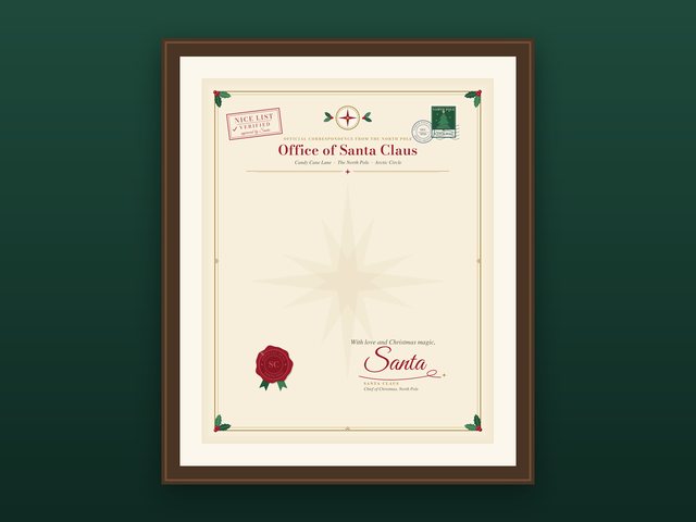 Illustration of the Office of Santa Claus letterhead in a frame