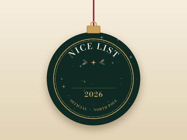 Illustration of a round Nice List 2026 ornament